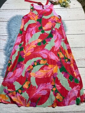 Chico's Red Floral Pink, Orange & Green Accents Sleeveless Midi Dress sz 4